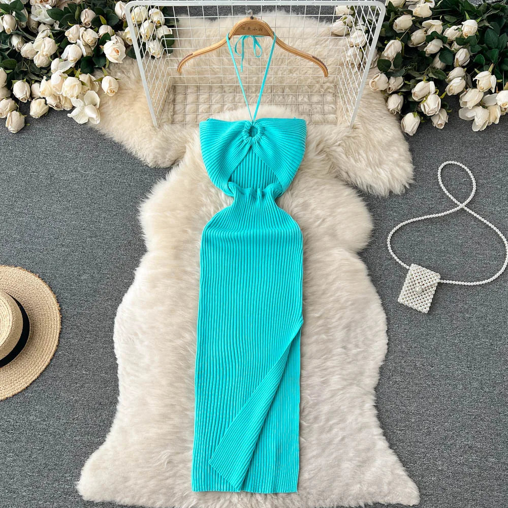 Chic Fashion Sexy Package Hips Split Knitted Summer Dress Women Slim Elastic Bodycon Party Dress Streetwear Outfits SKY BLUE One Size
