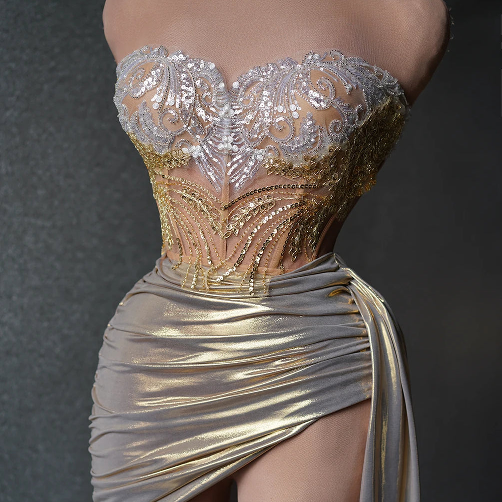 Sparkly Beading Sequins Strapless 2 Pieces Bodycon Mini Dress Fashion Nightclub Party Bar Singer Performance Costume Stage Wear