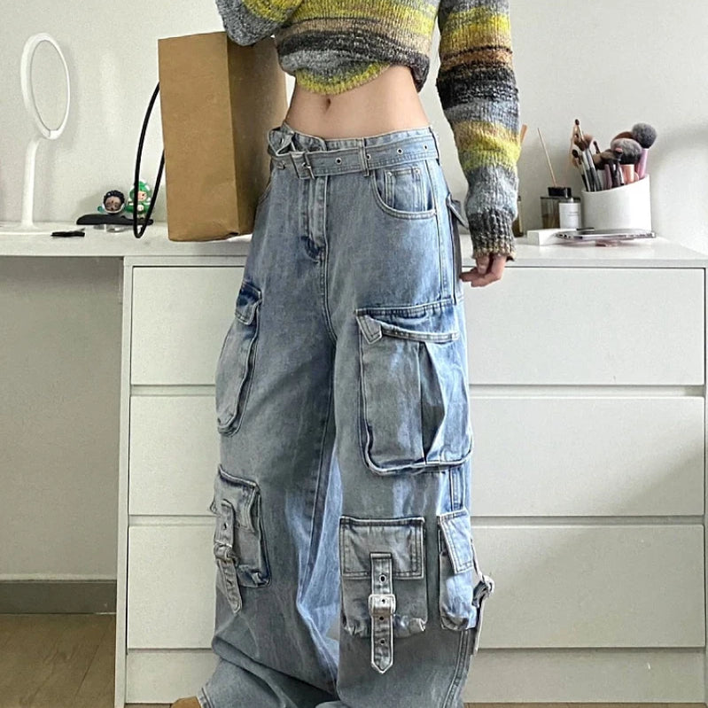 Autumn Winter New Ladies Cargo Jeans American Street Style Baggy Cargo Pants Women Blue Multi-pocket Wide Leg Jeans for Women