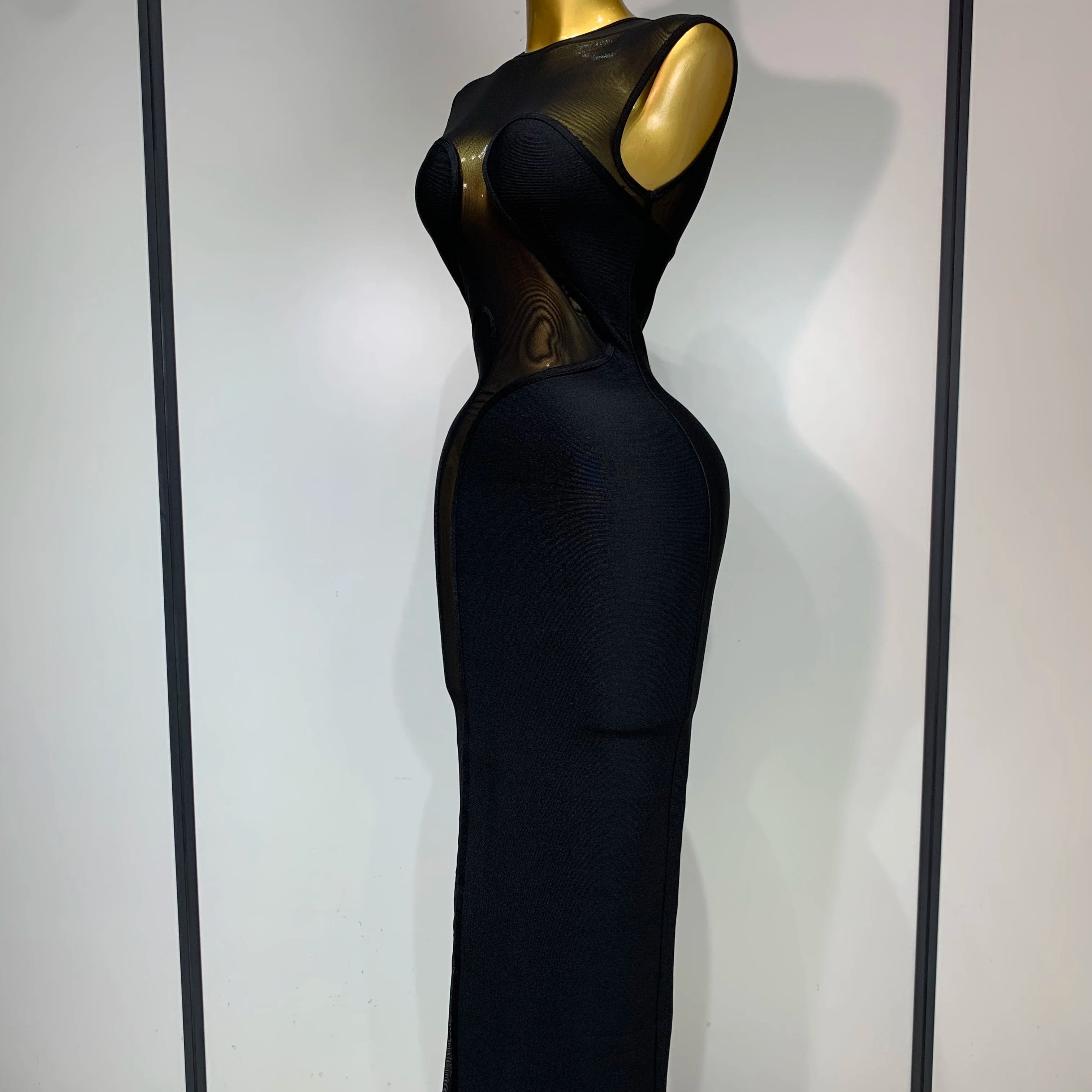 Women Sexy Mesh Patchwork Bandage Round Neck Sleeveless Bandage Dress Celebrity Elegant Evening Party Dress Club Wedding Gown