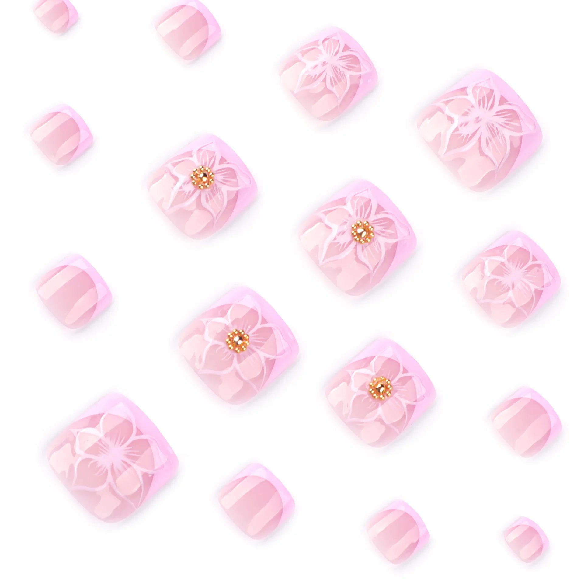 24pcs French False Toe Nails 3d Flowers Design Nail Art Press on Toenails Women Girl Wearable Ins Simple Square Fake Toenails