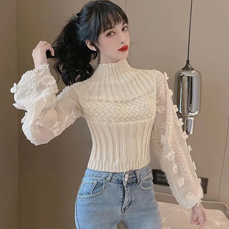 Women Half High Collar Sweaters Jumper Bubble Sleeve Mesh Stitching Tight Slim Short Knitted Tops Sweet Flowers Chiffon Shirt