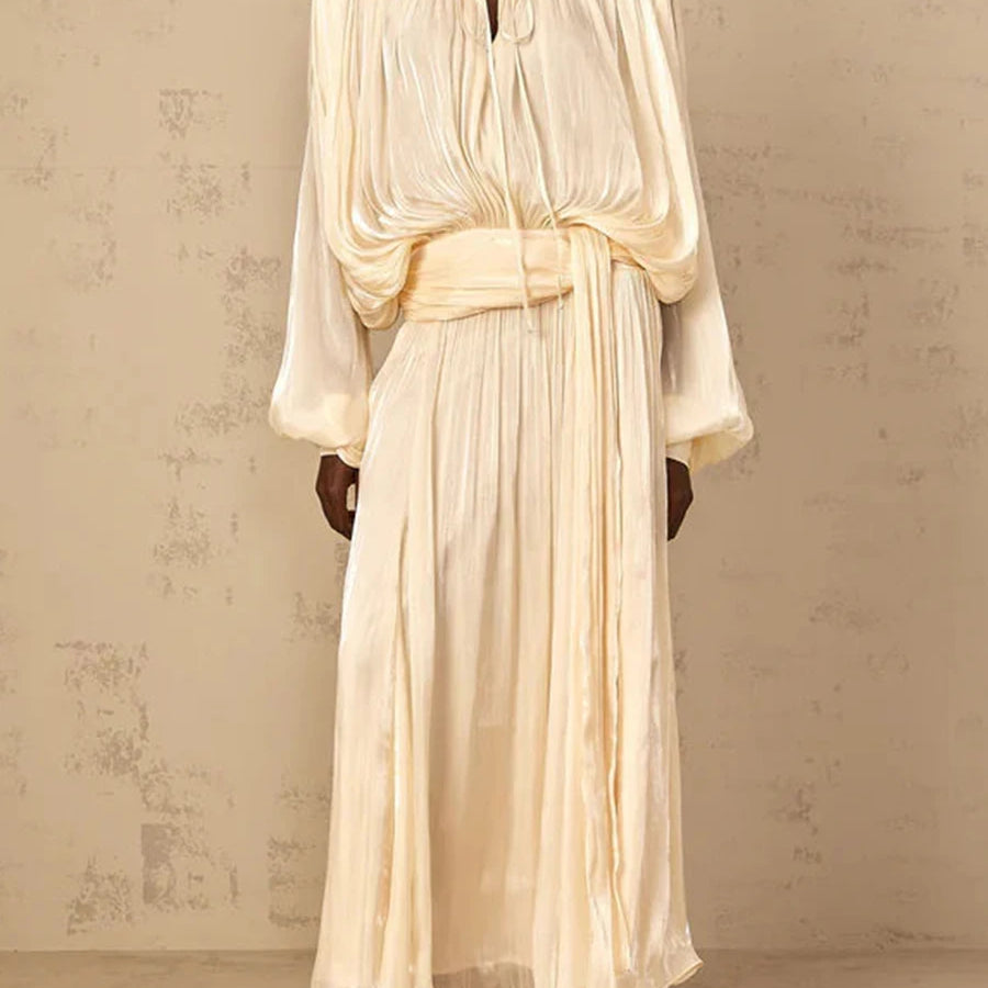 TWOTWINSTYLE Solid Loose Spliced Folds Elegant Dresses for Women Round Neck Long Sleeves Patchwork Lace Up Dress Female Fashion