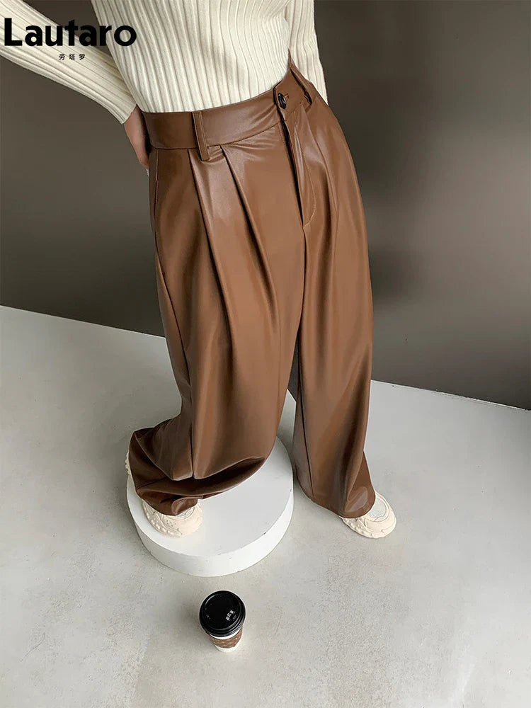 Spring Autumn Loose Casual Flowy Soft Black Brown Pu Leather Wide Leg Pants for Women High Waist Emo Korean Fashion 2023 brown