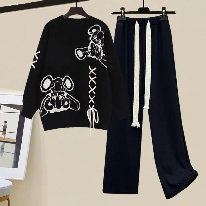 Autumn/Winter New in Matching Set Women's Loose O-Neck Knit Sweater Wide Leg Pants Two Piece Korean Elegant Tracksuit Suit Black Set