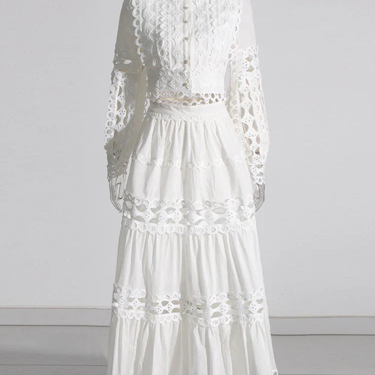 TWOTWINSTYLE Elegant Two Piece Sets For Women Stand Collar Lantern Sleeve Tops High Waist Skirt Hollow Out Set Female Clothing WHITE