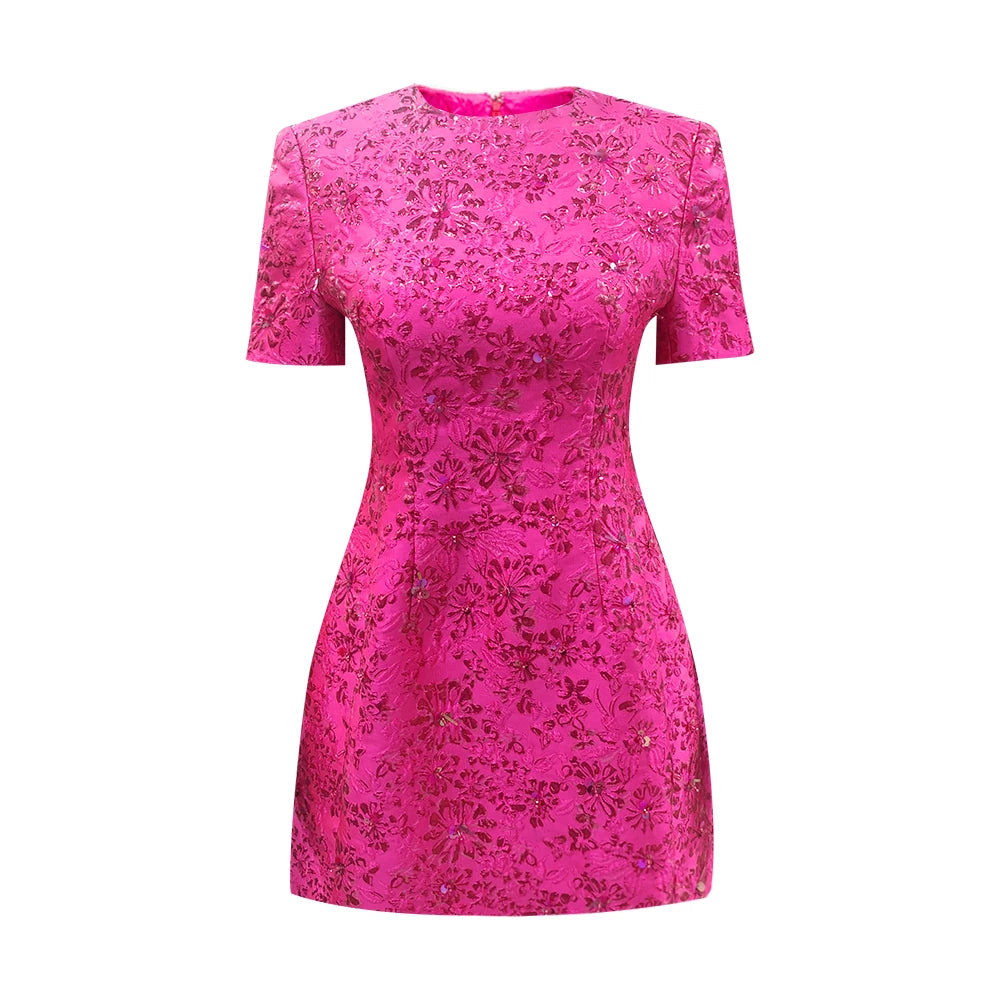 VC Elegant Dresses For Women Chic Beautiful Flower Jacquard Hot Pink Gowns Short Sleeve Mini Dresses Summer 2024