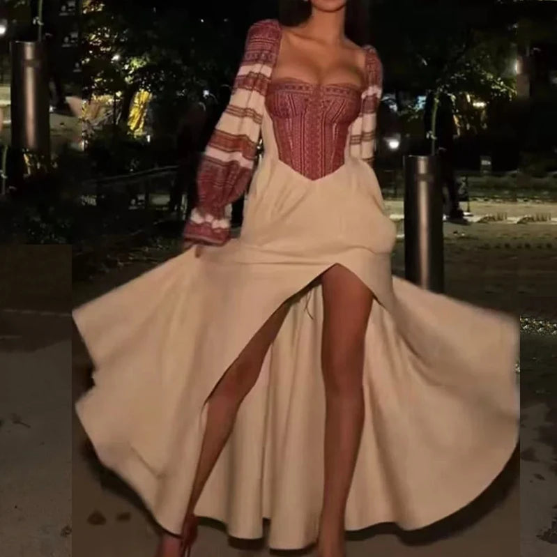 Wefads Women's Dresses Autumn Sexy Square Neck Long Sleeve Nipped Waist Printed High Slit Party Maxi Dress Elegant Streetwear