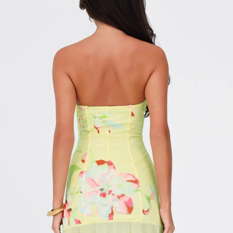 Off-shoulder Strapless Sexy Mini Dress For Women Robe Yellow Sleeveless Backless Ruffled Printed Club Dress Vestido