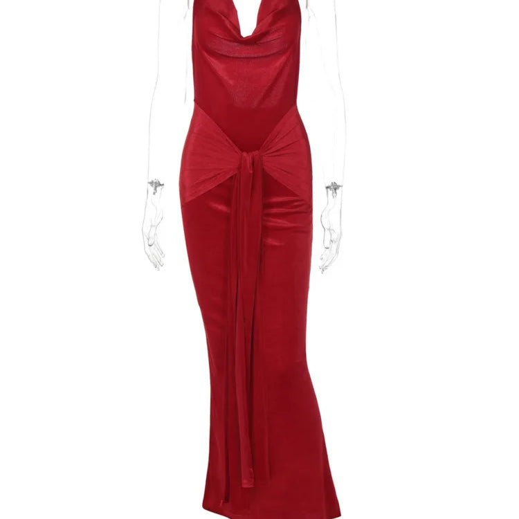 Halter Draped Ruched Sexy Maxi Dress For Women Gown Deep V Neck Sleeveless Backless Bodycon Club Long Dress Elegant