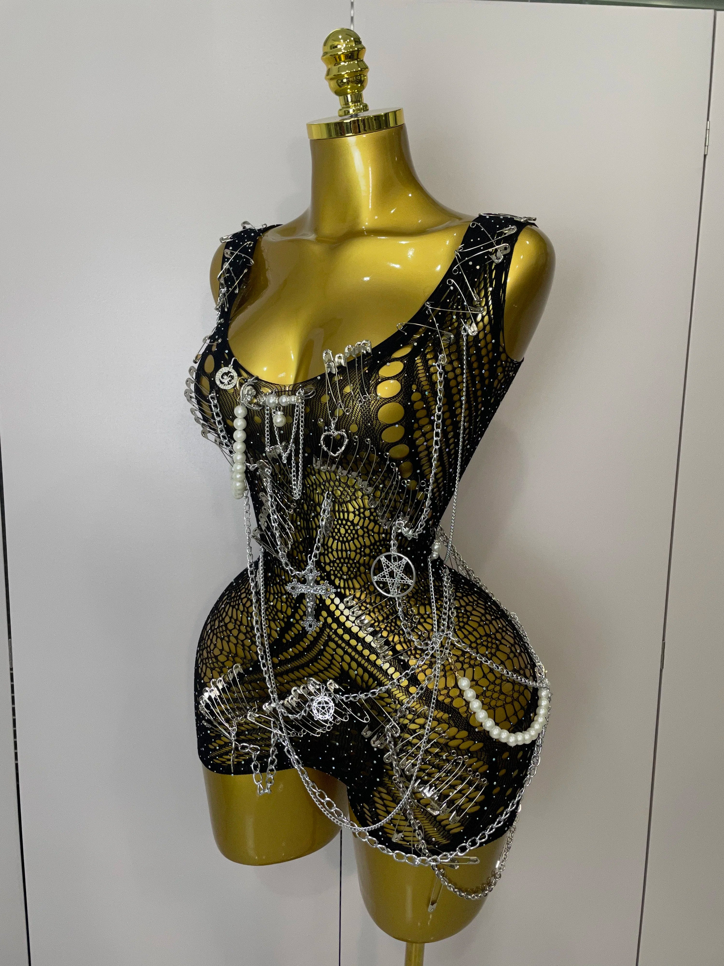 Women Sexy See-Through Bodysuit Black Pin Sheath Mini Dress Evening Birthday Party Nightclub Singer Dancer Performance Costume