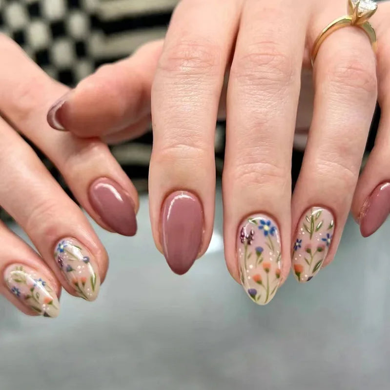 24pcs Garden Style False Nails With Colorful Flower Designs Glossy Almond Press On Nails Full Cover Artificial Autumn Fake Nail