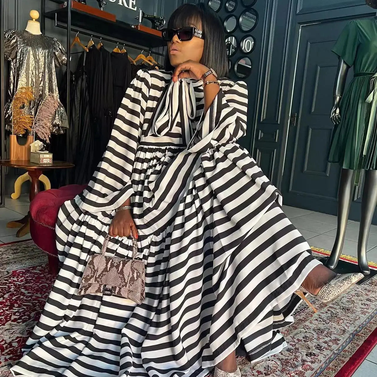 CM.YAYA Vintage Women Striped Bowknot Collar Long Sleeve High Waist Big Swing Babydoll Maxi Long Dress 2023 New Vestidos Dresses WHITE