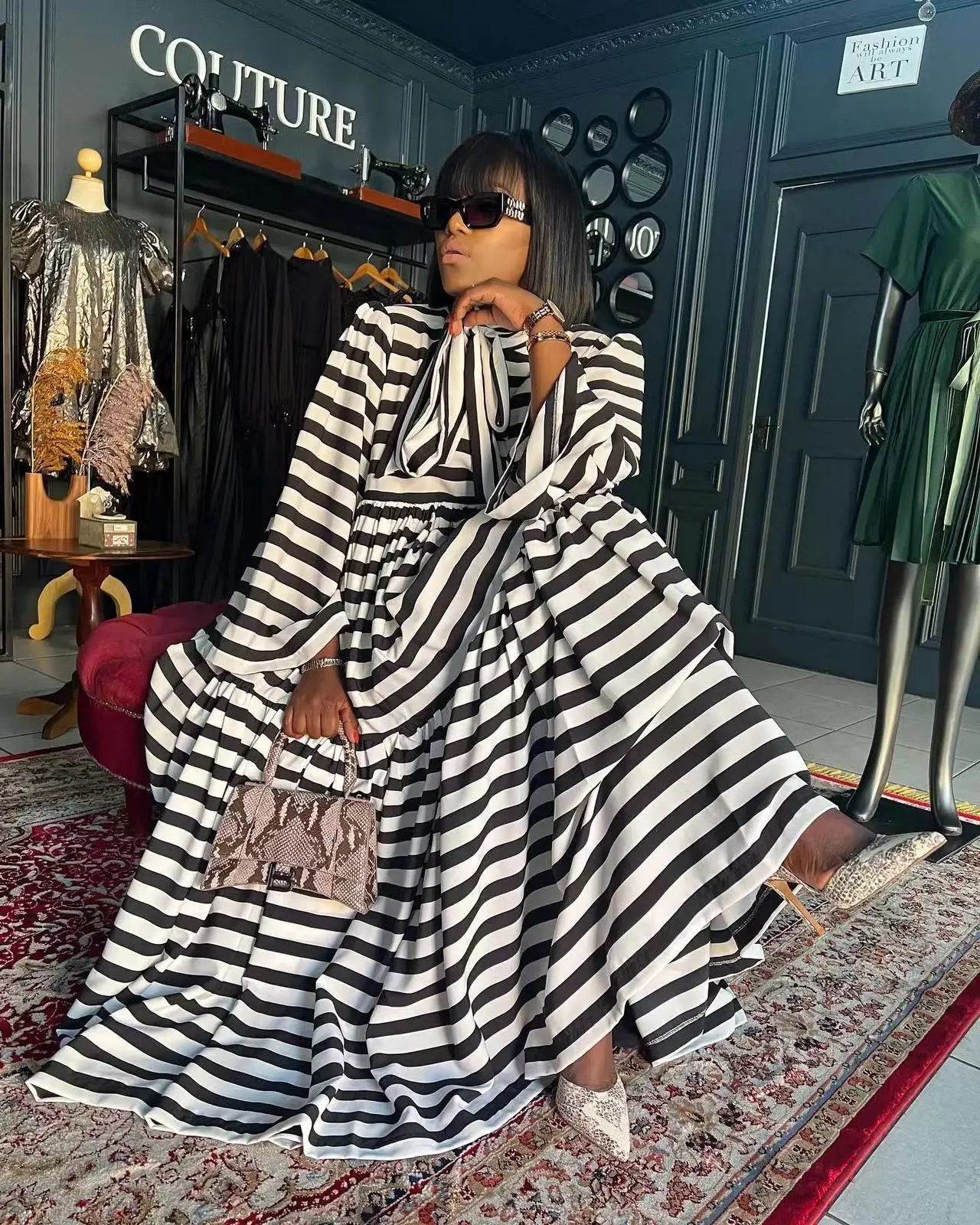 CM.YAYA Vintage Women Striped Bowknot Collar Long Sleeve High Waist Big Swing Babydoll Maxi Long Dress 2023 New Vestidos Dresses WHITE