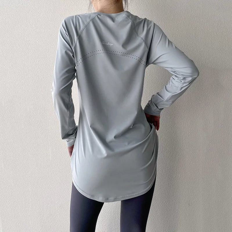 Xlwsbcr Long Sleeve Tees Sport Top Women Shirts Cover Hip Gym Shirt Fitness Fitted Tops Quick Dry Blouses Running Pilates Wear CX407 Cream blue