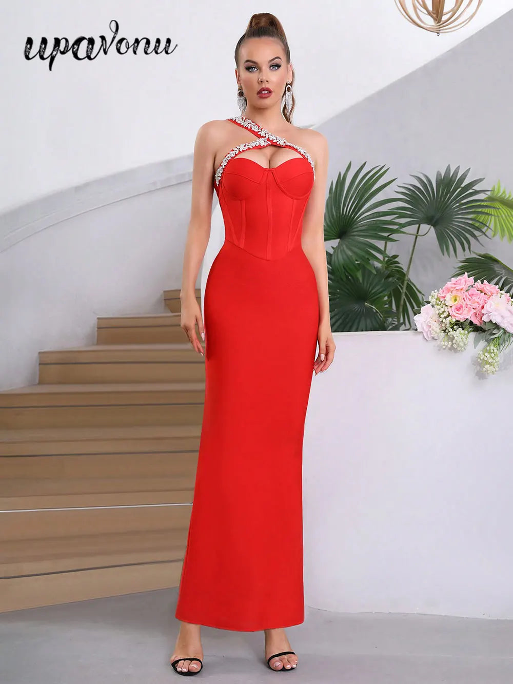 2024 Sexy Women's Wear Beaded Water Diamond Bandage Dress One Shoulder Sleeveless Bodycon Off the Back Long Dress Party Vestido
