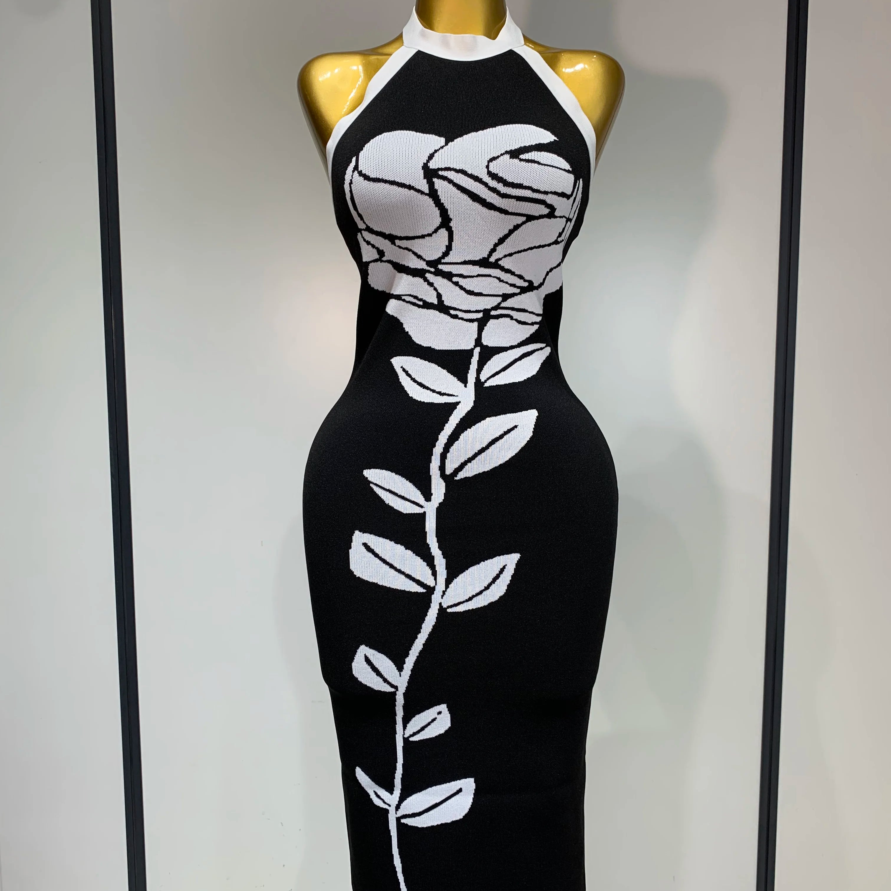 Women Fashion Celebrity Sexy Backless Rose Flower Midi Black Jacquard Bandage Dress 2025 Elegant Evening Club Party Dresses