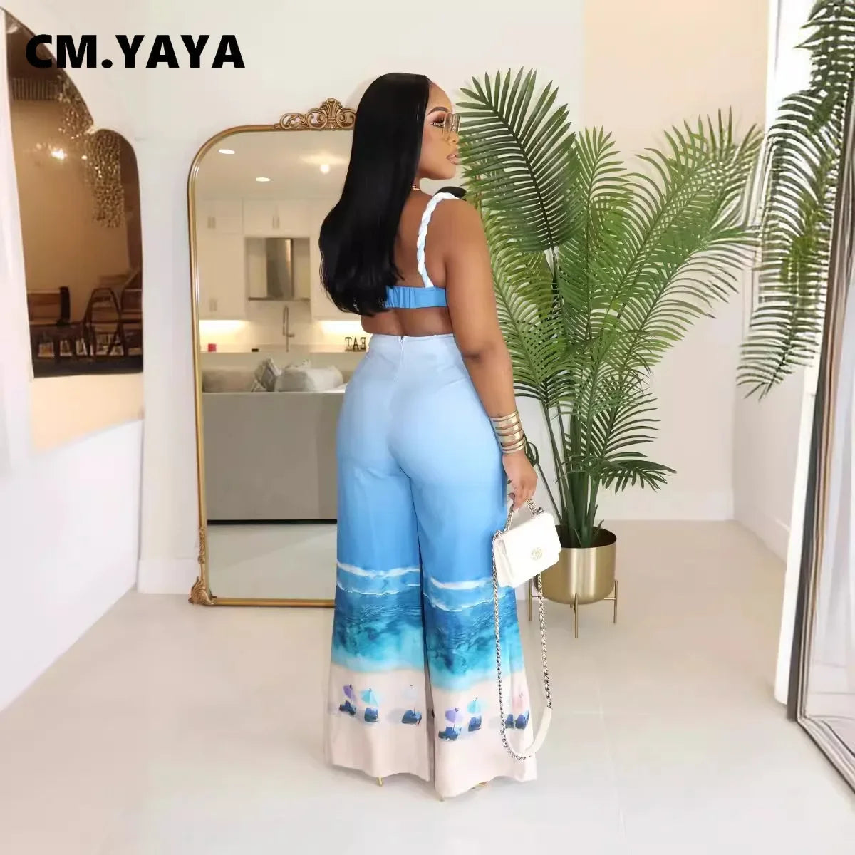CM.YAYA Summer Women's Set Beach Print Sleeveless Strapless Tops +Wide Leg Pants Suits Street Two 2 Piece Sets Bohemian Outfits