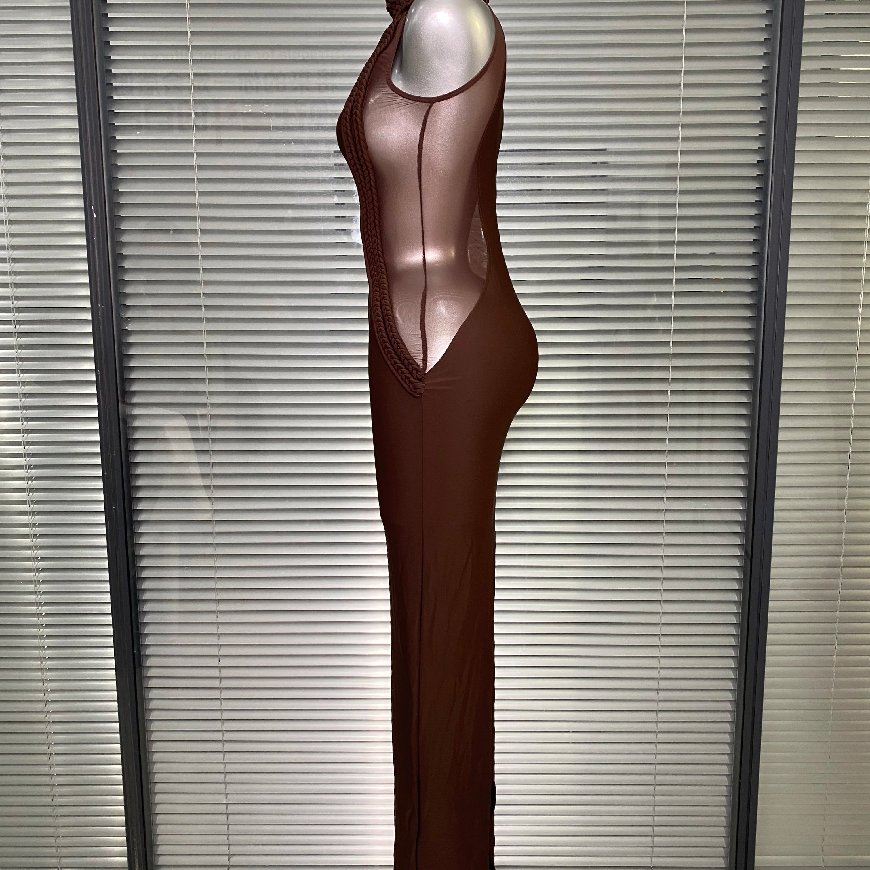 Brand New Women Sexy Sleeveless Brown Lace Long Dress Brown High Street Celebrity Party Dress