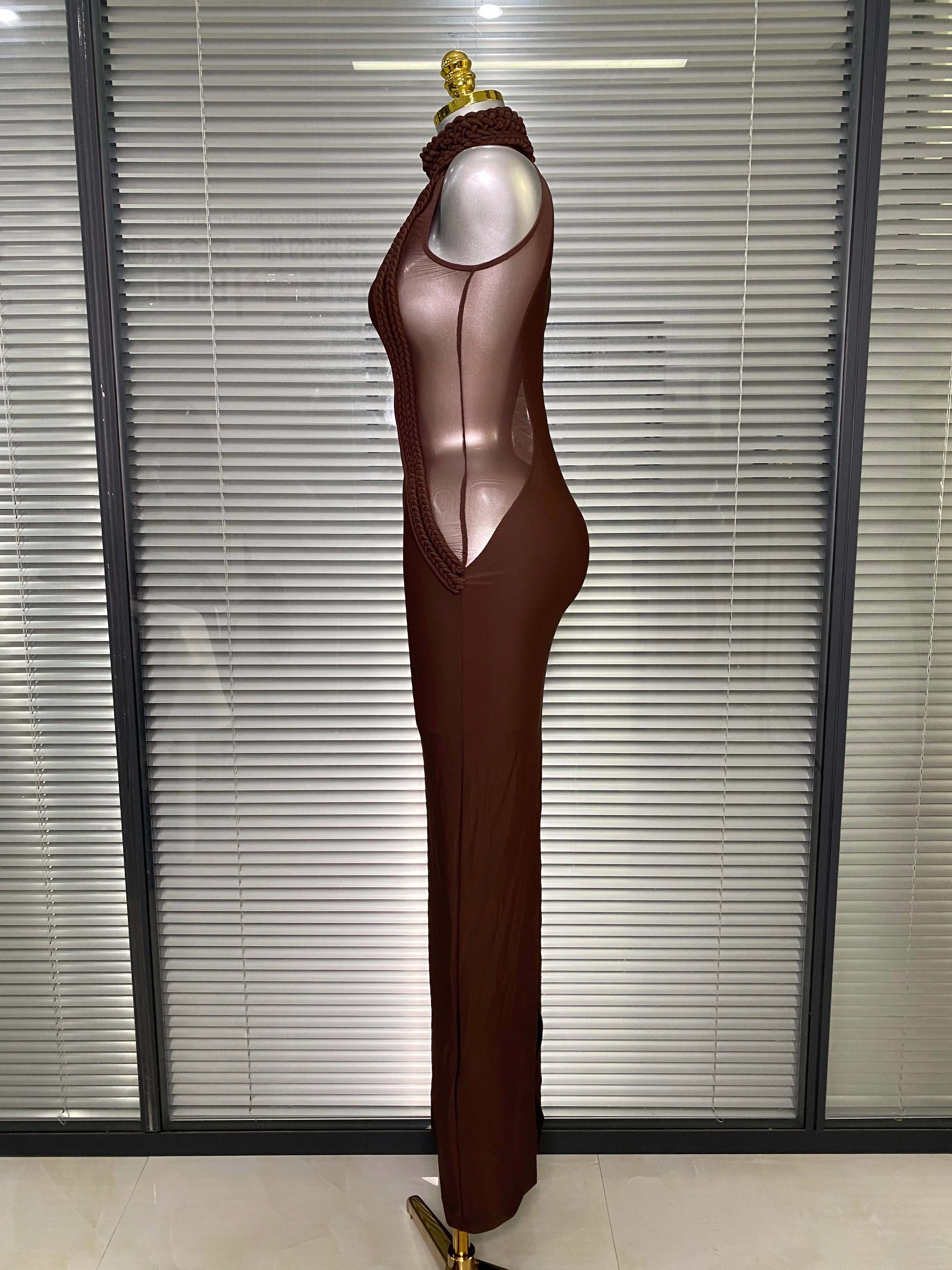 Brand New Women Sexy Sleeveless Brown Lace Long Dress Brown High Street Celebrity Party Dress