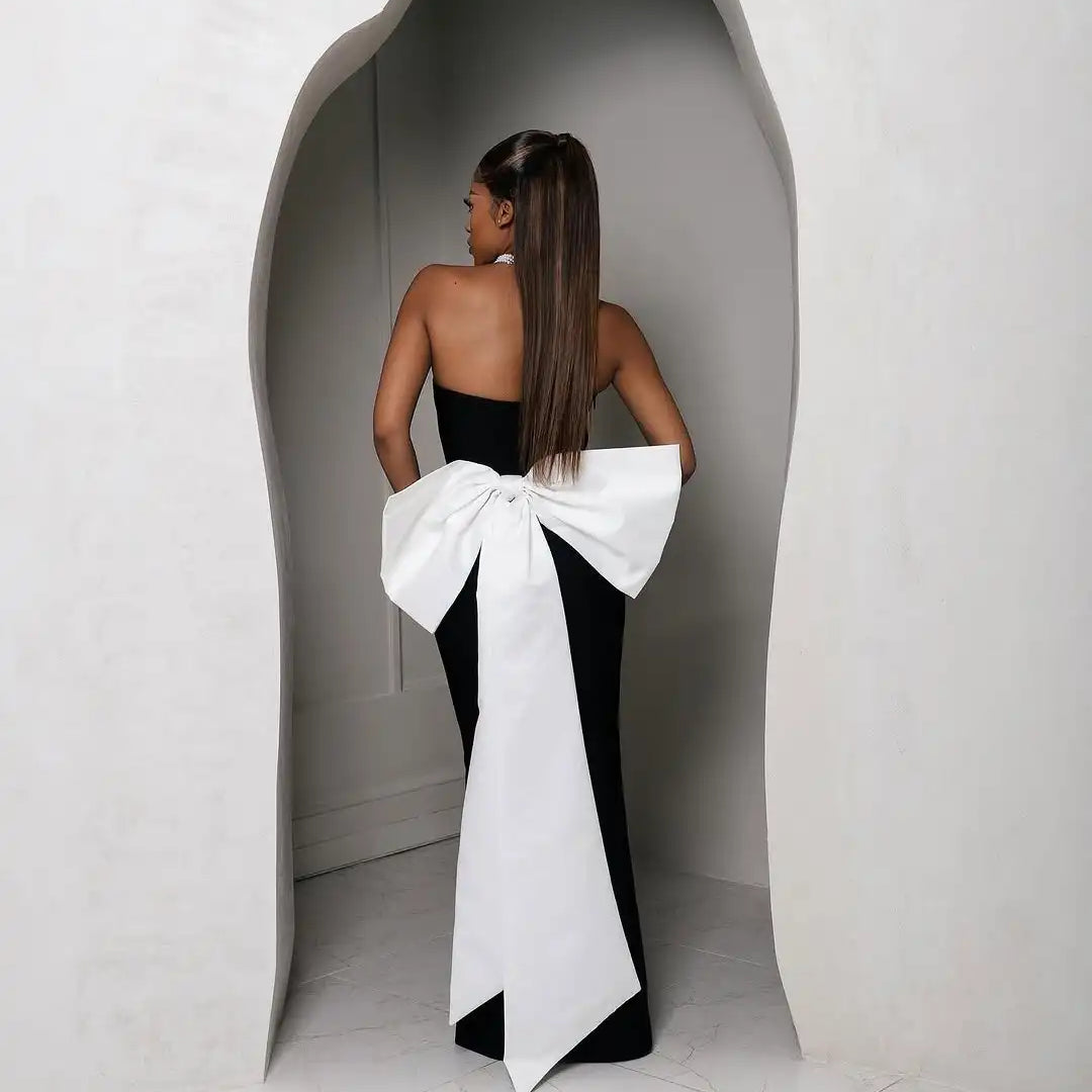 Top Quality Women Sexy Strapless Big White Bow Bodycon Long Bandage Dress Nightclub Party Celebrate Cocktail Outfit Vestido