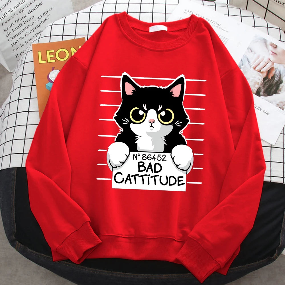 Autumn Winter Womens Pullover No86452 Bad Cattitude Funny Cat Print Hoodie Fleece All-Math Sweatshirts Warm Crewneck Ladies Tops Red