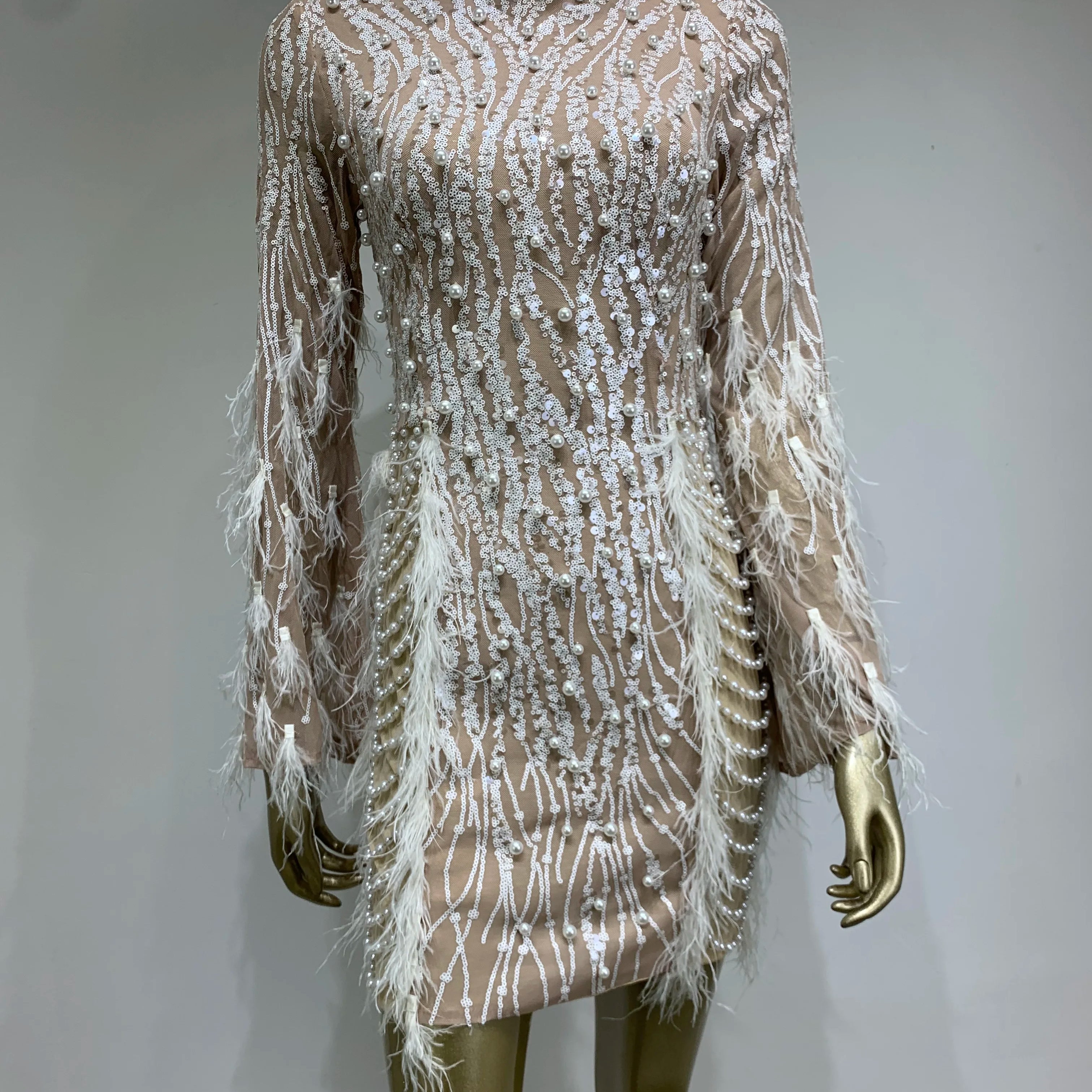 Women Celebrity Sexy Long Sleeve Feather White Mini Pearl Bodycon Gowns Dress 2024 Elegant Evening Party Club Dress