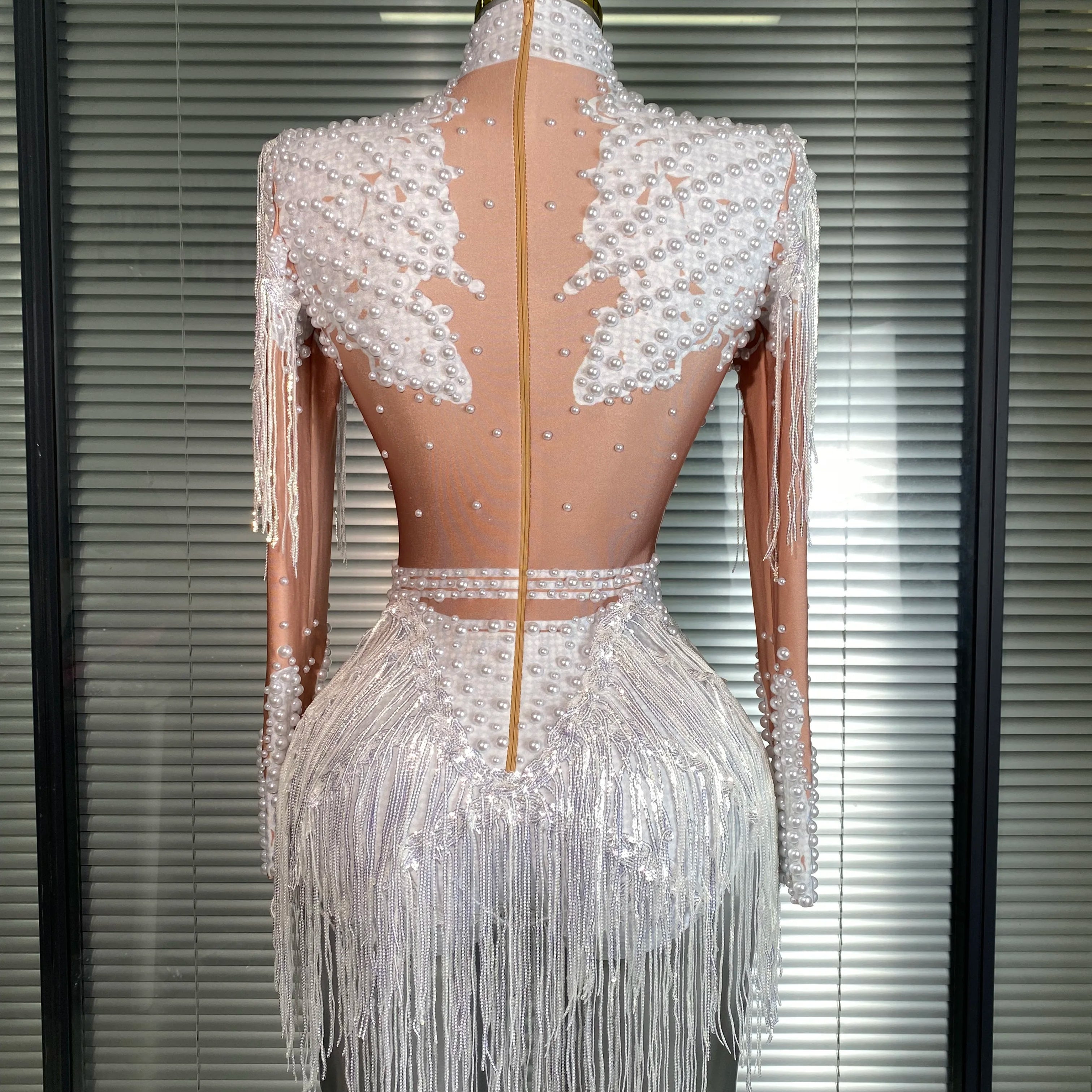 Women Sexy Skin Whtie Red Gold Crystal Stretchy Night Club Singer Dancer Tassel Dancer Red Stage Costume Party Bodysuit