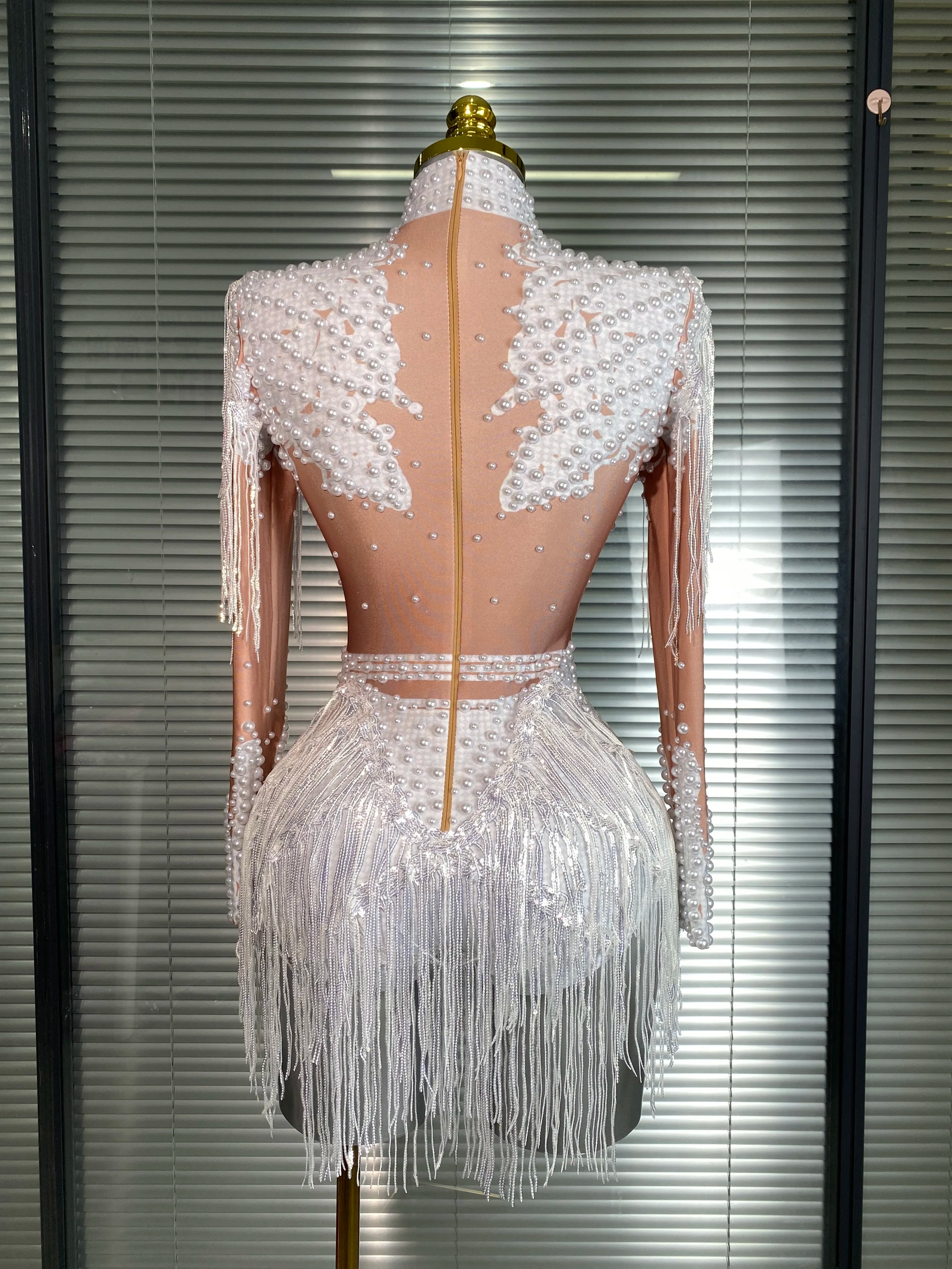 Women Sexy Skin Whtie Red Gold Crystal Stretchy Night Club Singer Dancer Tassel Dancer Red Stage Costume Party Bodysuit