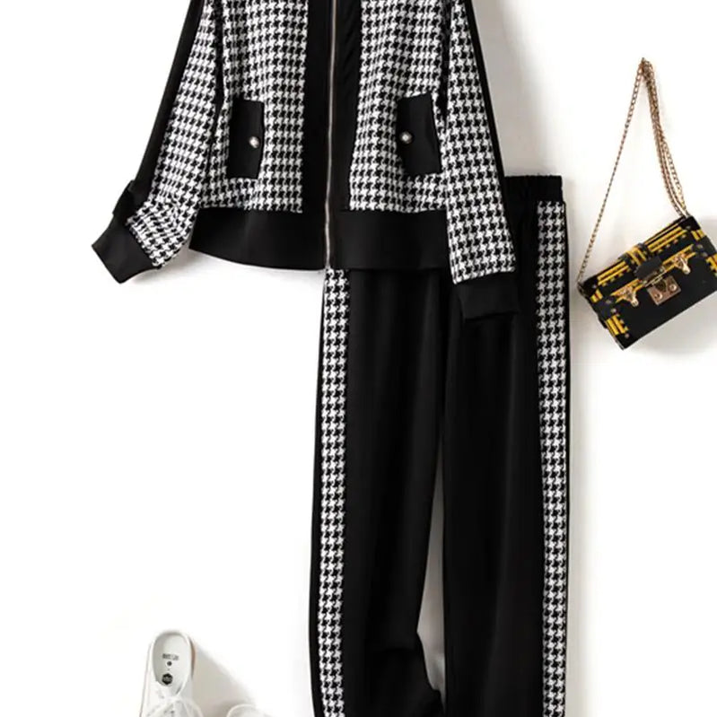 Two Piece Sets Womens Outifits 2024 New Houndstooth Cardigan Jacket Wide Leg Pants Autumn Winter Elegant Women's Sets 4XL
