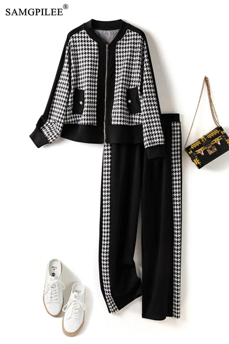 Two Piece Sets Womens Outifits 2024 New Houndstooth Cardigan Jacket Wide Leg Pants Autumn Winter Elegant Women's Sets 4XL