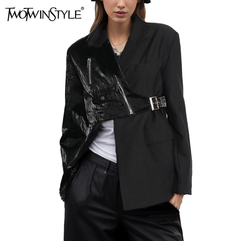 TWOTWINSTYLE Solid Spliced Zipper Irregular Jackets for Women Lapel Long Sleeves Patchwork Pockets Fshion Jacket Female Clothing