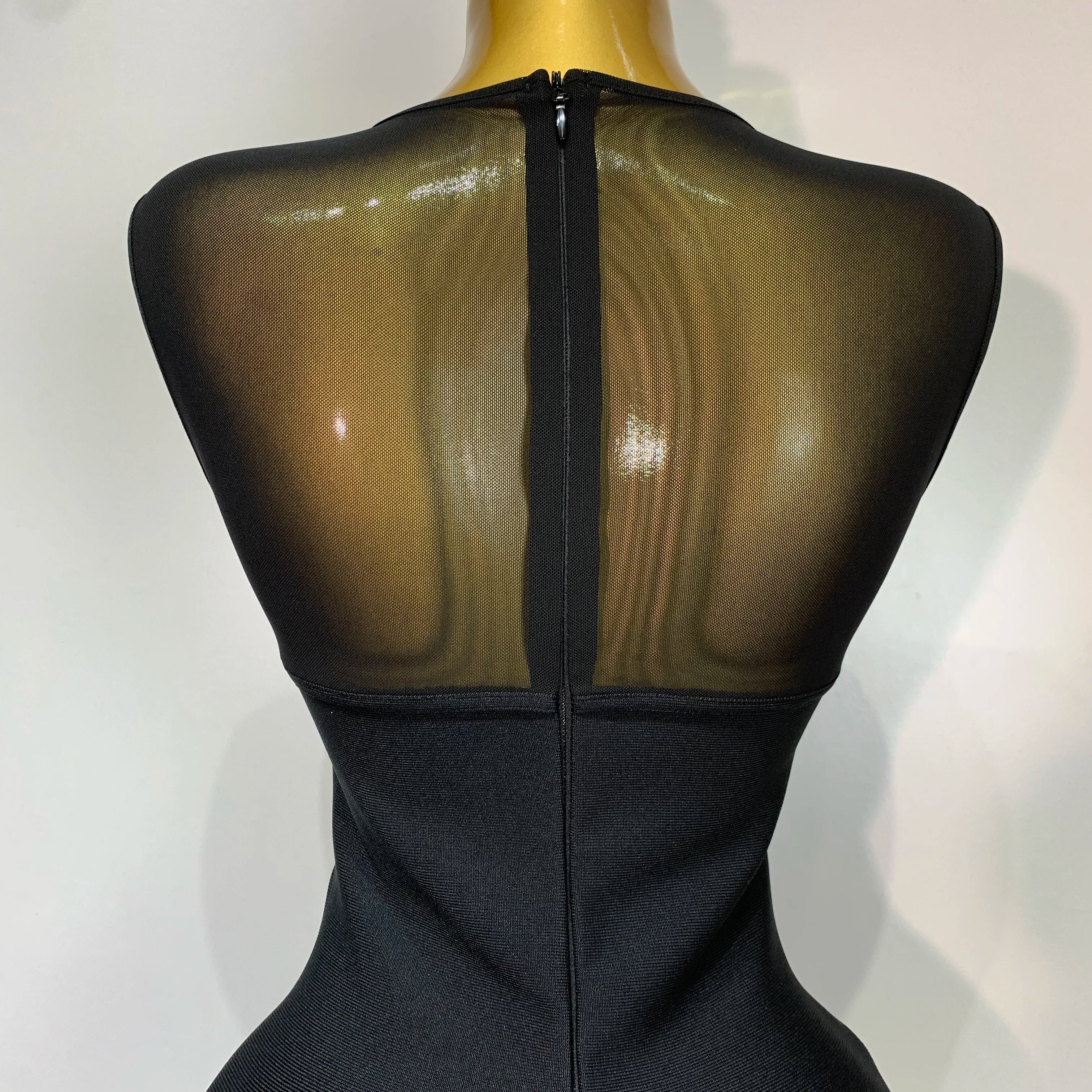 Women Sexy Mesh Patchwork Bandage Round Neck Sleeveless Bandage Dress Celebrity Elegant Evening Party Dress Club Wedding Gown