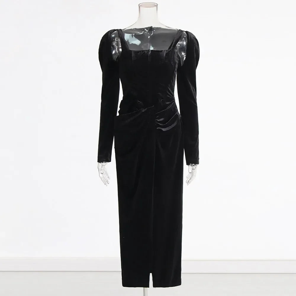 Solid Patchwork Folds Elegant Dresses For Women Square Collar Long Sleeve High Waist Split Slimming Dress Female