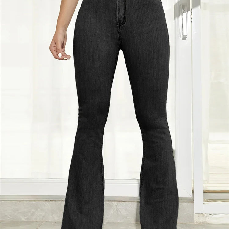 Benuynffy Button Fly Women's Raw Hem Flare Jeans Autumn Fashion Woman Denim Pants Jean Femme High Waist Full Length Slim Jeans Black