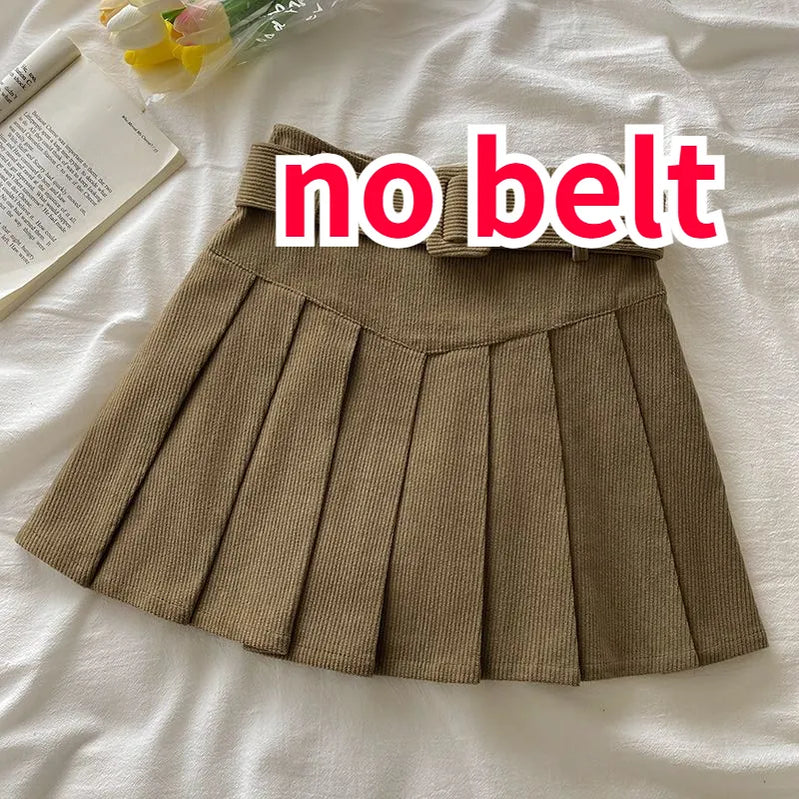 Pleated Mini Skirts Women Japan Students Corduroy Preppy Style Autumn Winter Basic Solid Bottoms Chic Vintage JK Slim All-match khaki no belt