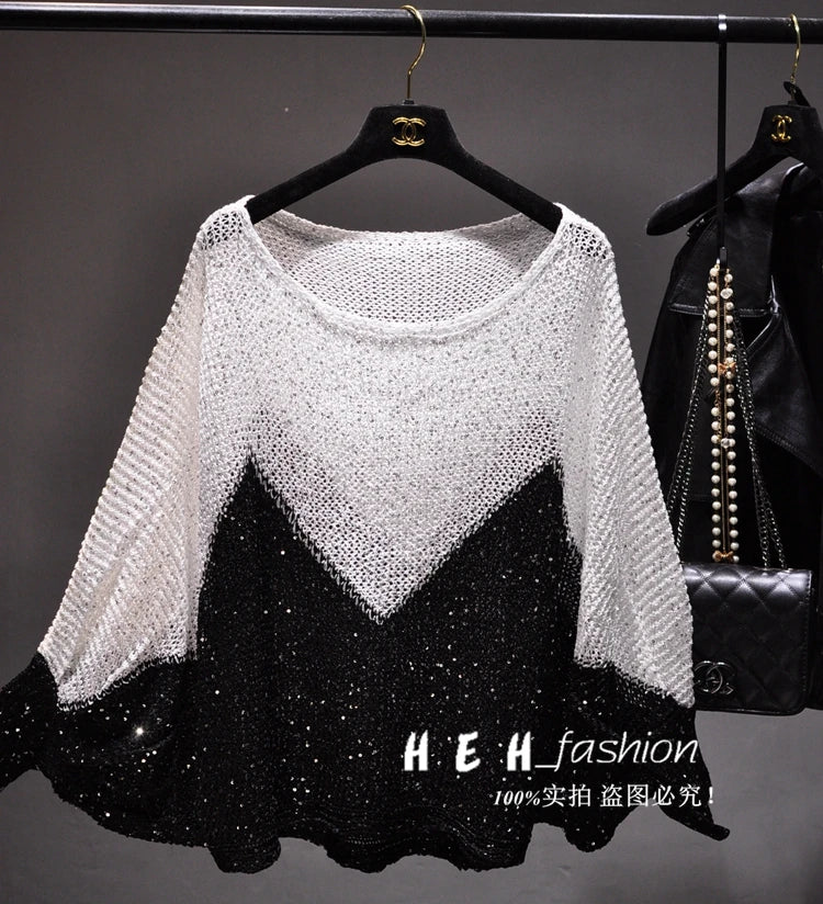 Yan Li Shinny Lurex Sweater Women Round Neck Long Jumper Casual Knit Pull Femme Pullover Bling Bling Sequin Sweater Black and white One Size