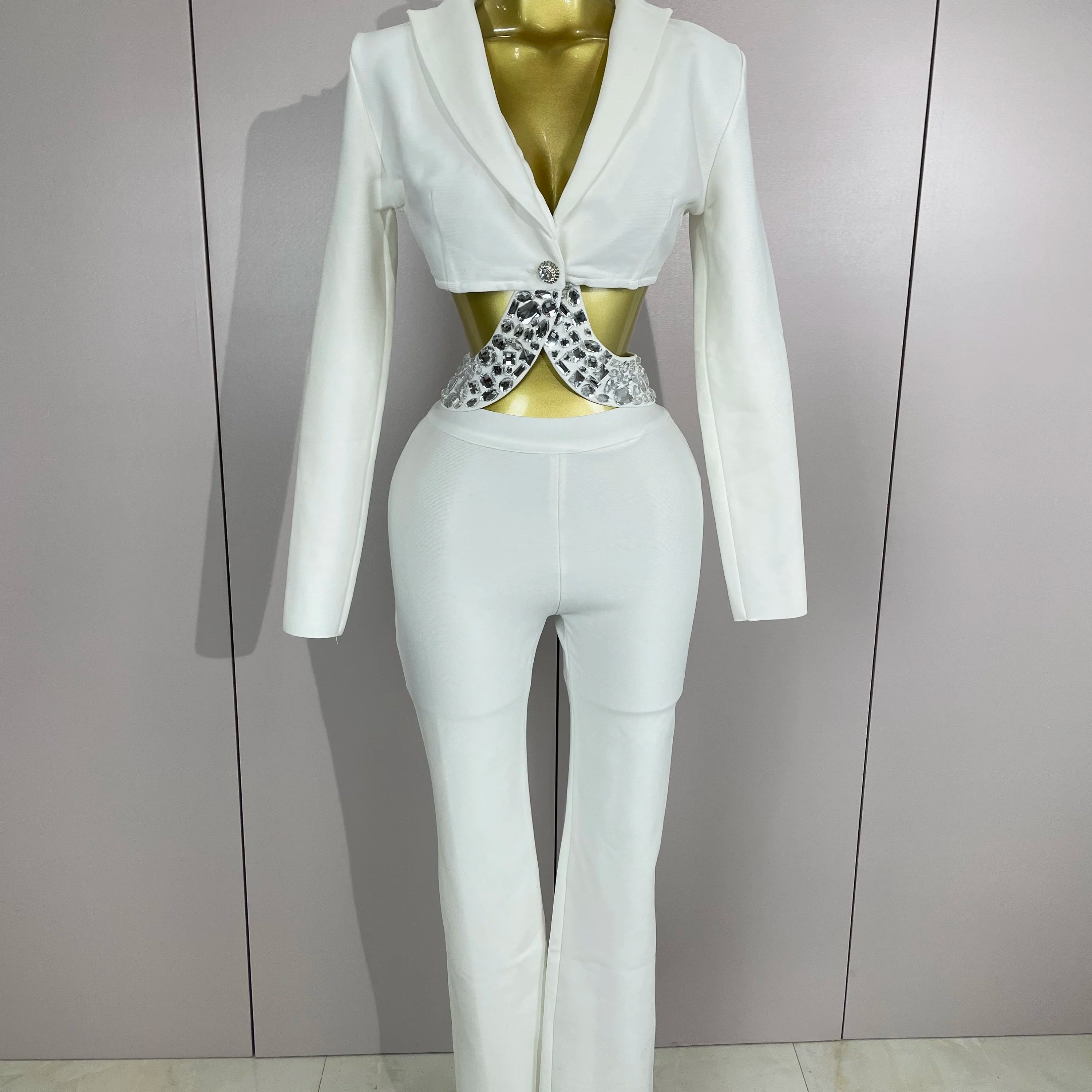 Sexy Cut Out Long Sleeve Beading Bodycon Two Pieces Pants Bandage Set Women Celebrity Designer Fashion Women Luxury Birthday Set