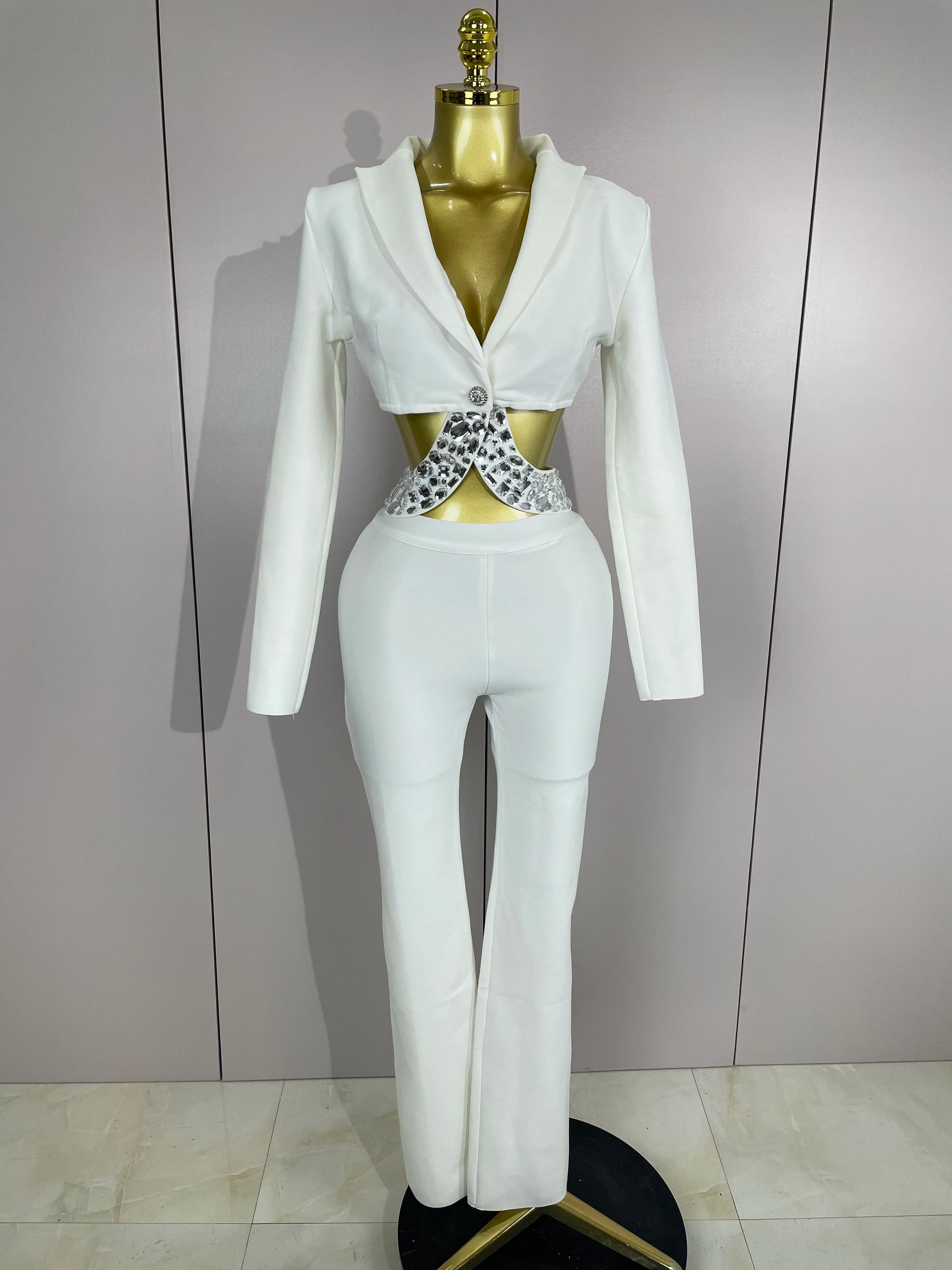 Sexy Cut Out Long Sleeve Beading Bodycon Two Pieces Pants Bandage Set Women Celebrity Designer Fashion Women Luxury Birthday Set