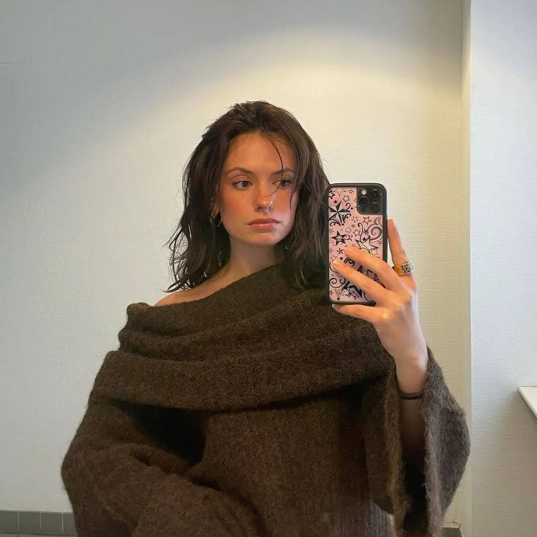 Thicken White Tassel Off Shoulder Sweater Women Elegant Slash Neck Long Sleeve Short Wool Pullover Winter Lady Knit Jumpers Dark Brown