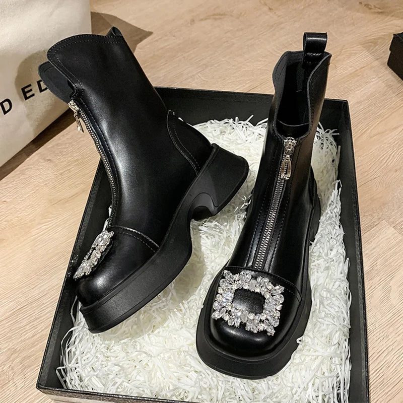 Fashion Crystal Chelsea Boots Women Shoes Spring Summer Ankle Boots Zipper Chunky Snow Punk Goth Gladiator Lady Shoes