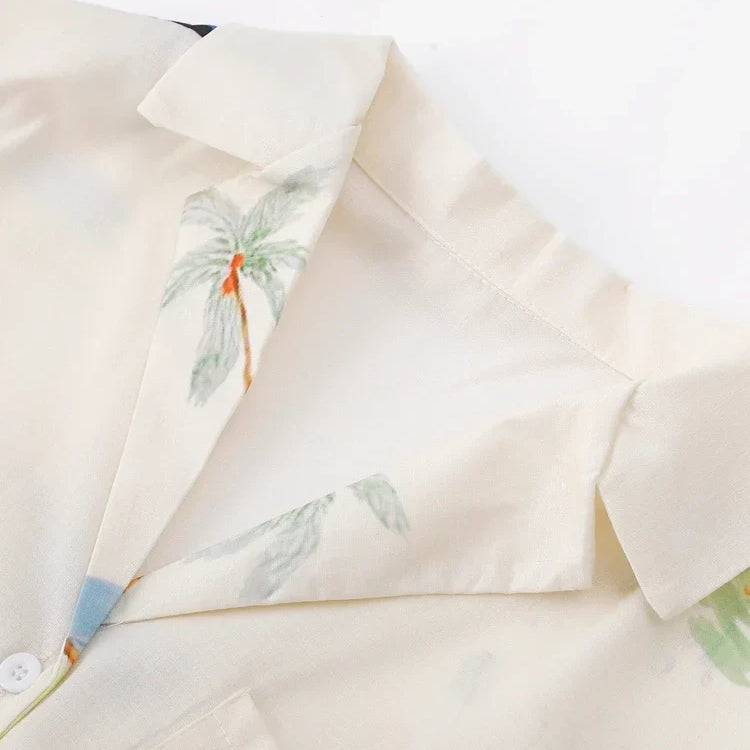 Plant Flowers Birds Printed 2 Pieces Set Women Holiday Short Sleeve Button Up V-neck Shirts Top Suit High Waist Shorts Outfits