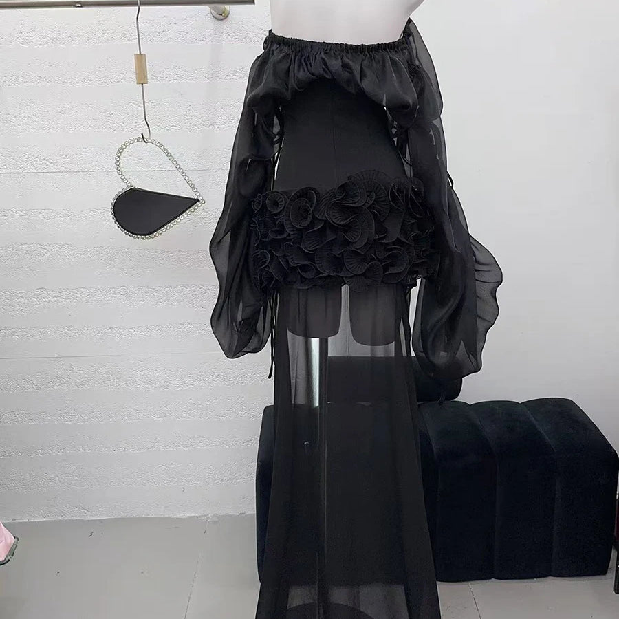 TWOTWINSTYLE Solid Slimming Spliced Lace Up Mini Dresses for Women Slash Neck Long Sleeves Patchwork Fungus Folds Dress Female