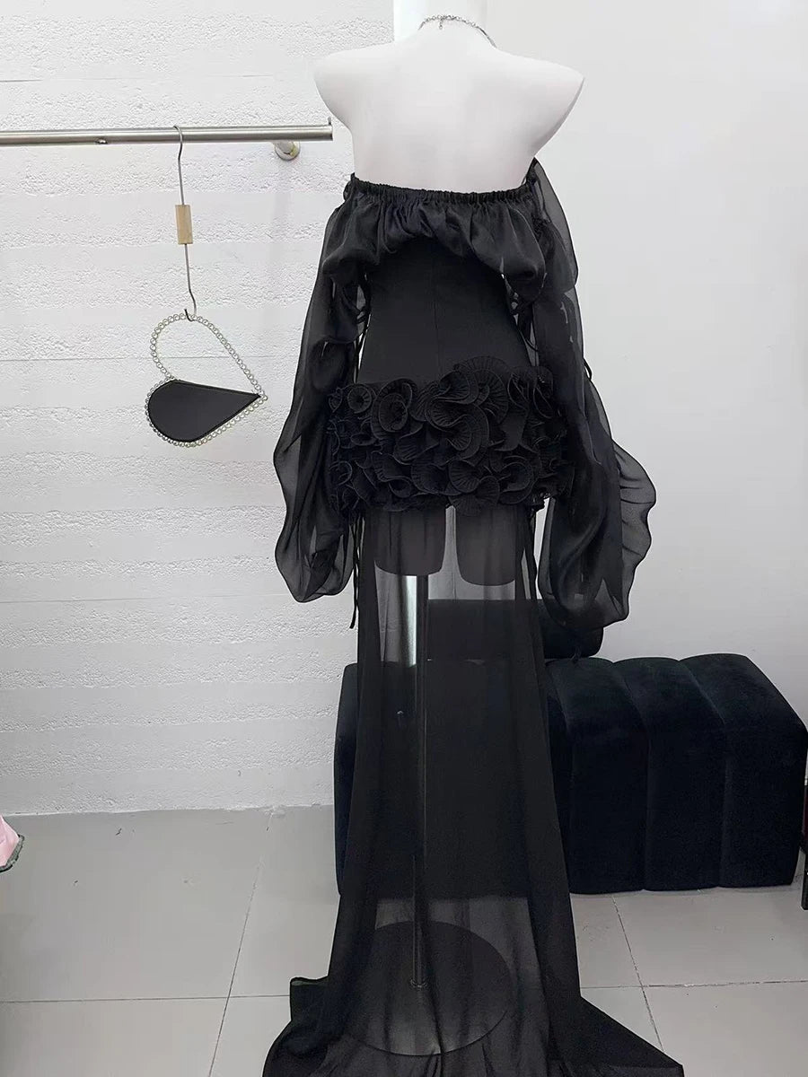 TWOTWINSTYLE Solid Slimming Spliced Lace Up Mini Dresses for Women Slash Neck Long Sleeves Patchwork Fungus Folds Dress Female