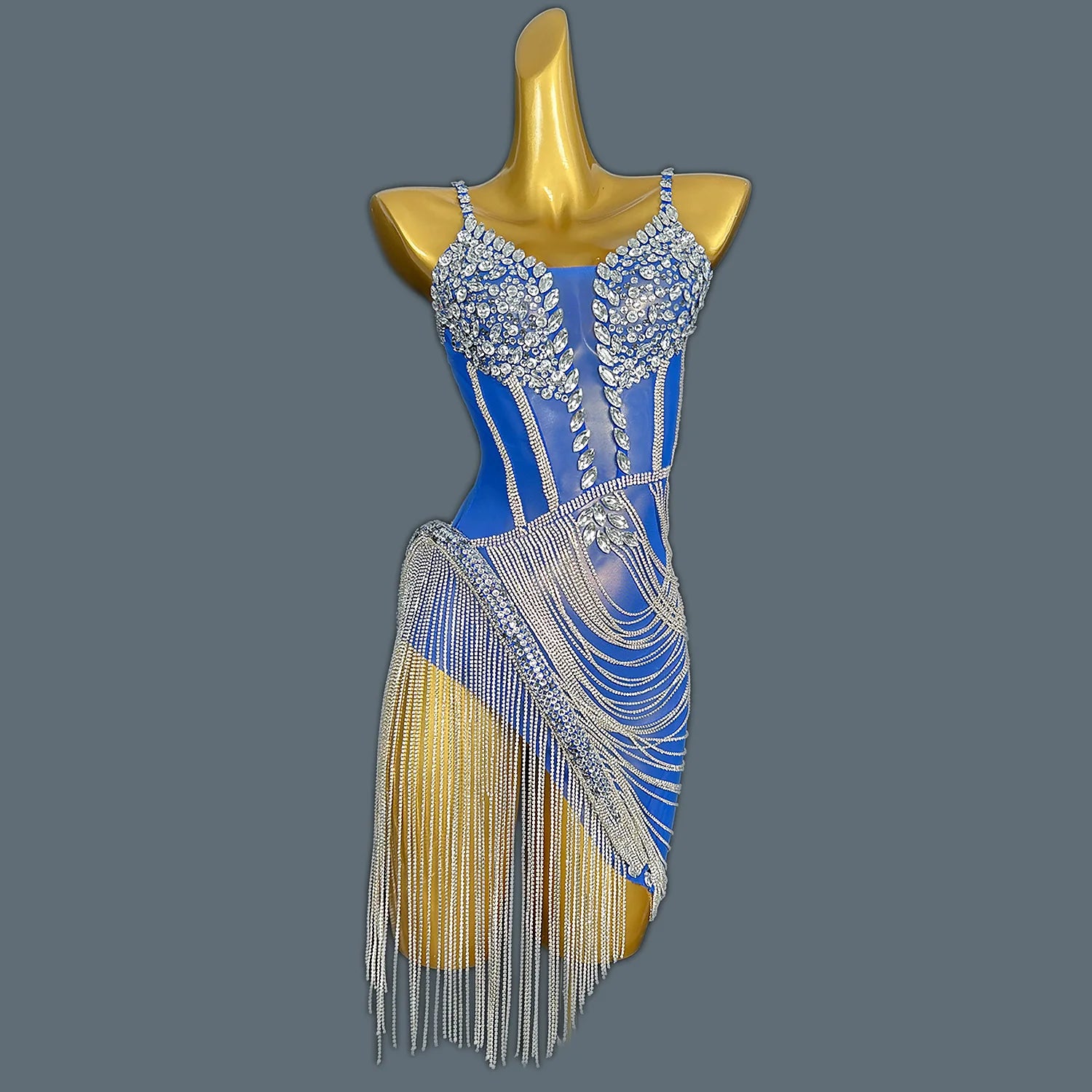 Women Shiny Gold Crystal Chain Diamonds Dress Elastic Sexy Mini Night Club Performance Costume Birthday Party Dress Tassel Liehu