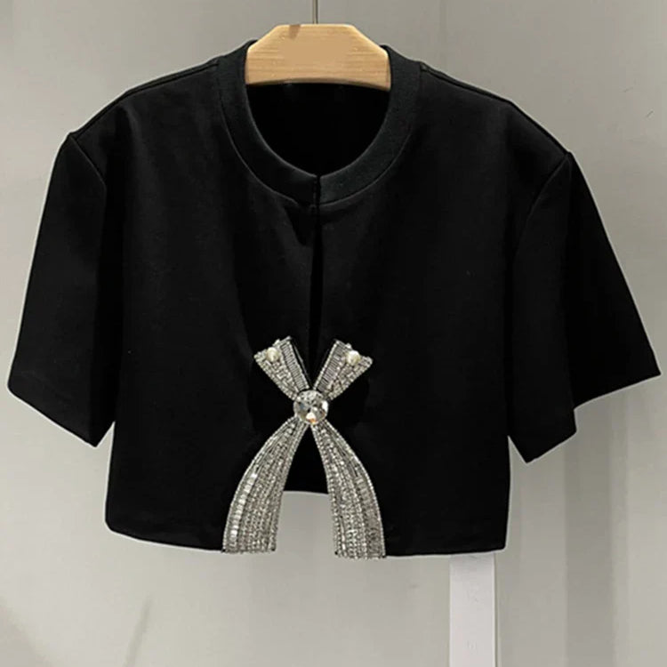 VGH Solid Patchwork Diamonds Split T Shirt For Women Round Neck Short Sleeve Slimming Minimalist T Shirts Female Fashion Style