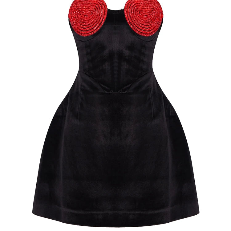 Sexy Strapless Heart Shape Crystal Design Mini Dress Women Black Velet Red Heart Diamond Design A-line Dress Evening Party Club Black