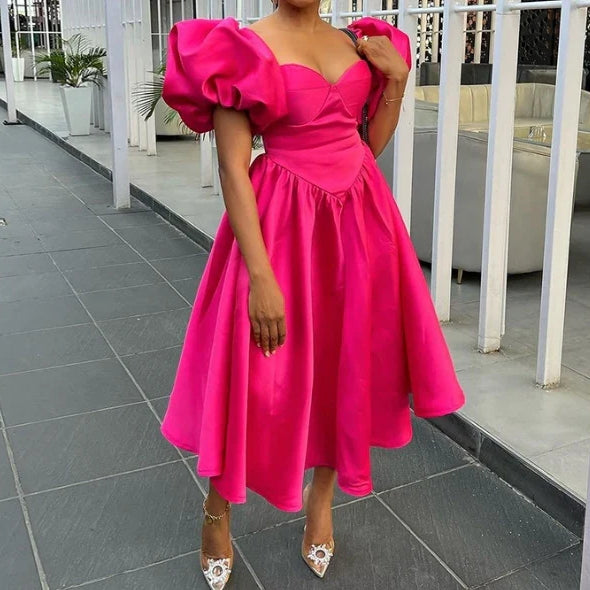 Party Dresses for Women Fashion Casual Square Neck Bubble Sleeves Solid Waist Closing Mid Length Slim Fit Sexy Girl Dress A
