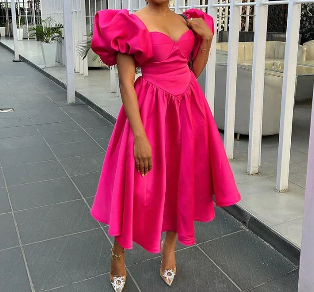 Party Dresses for Women Fashion Casual Square Neck Bubble Sleeves Solid Waist Closing Mid Length Slim Fit Sexy Girl Dress A