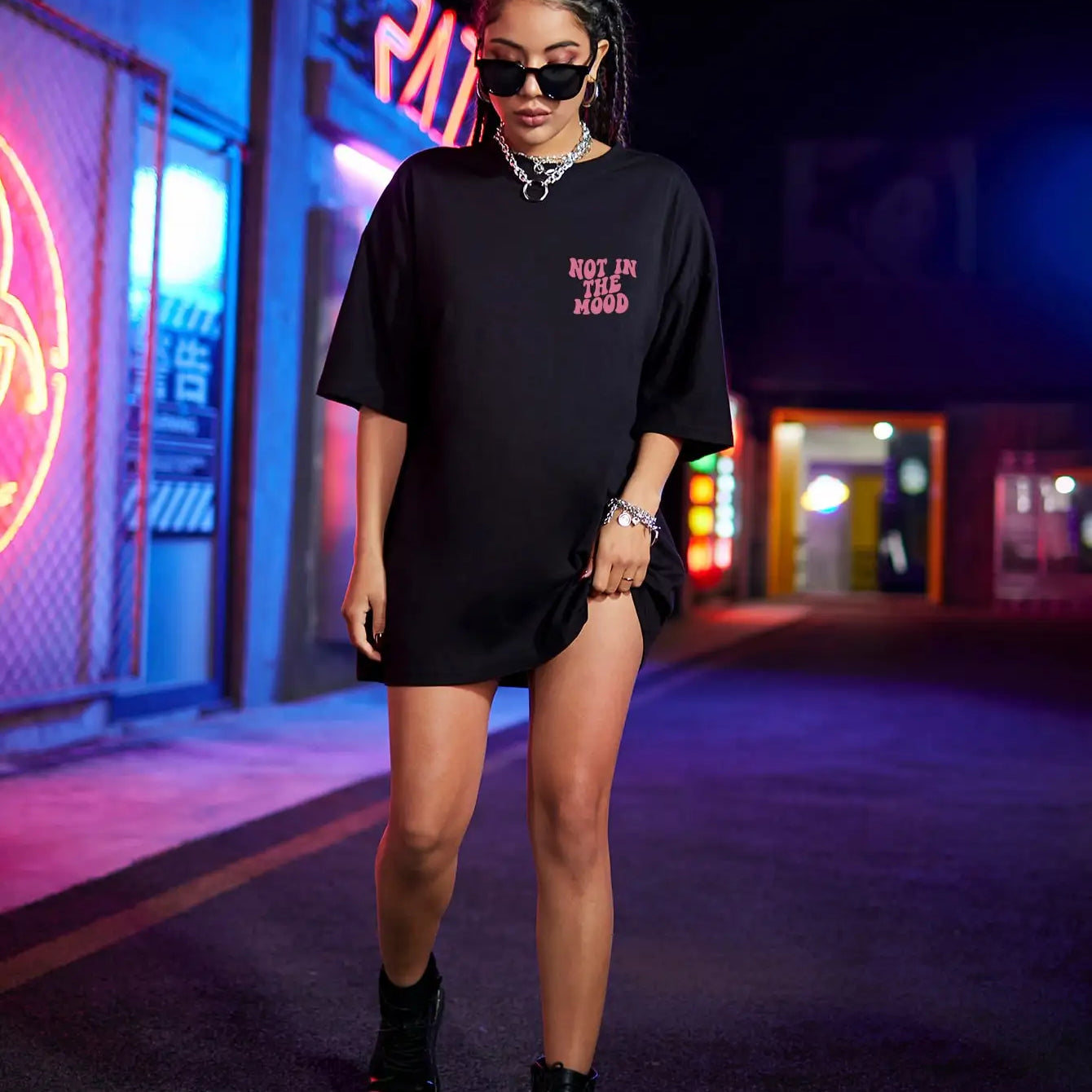 Not In The Mood Pink Letter Print T-Shirts Women Summer Cotton Clothing O-Neck Oversized Short Sleeve Breathable Casual Tshirt